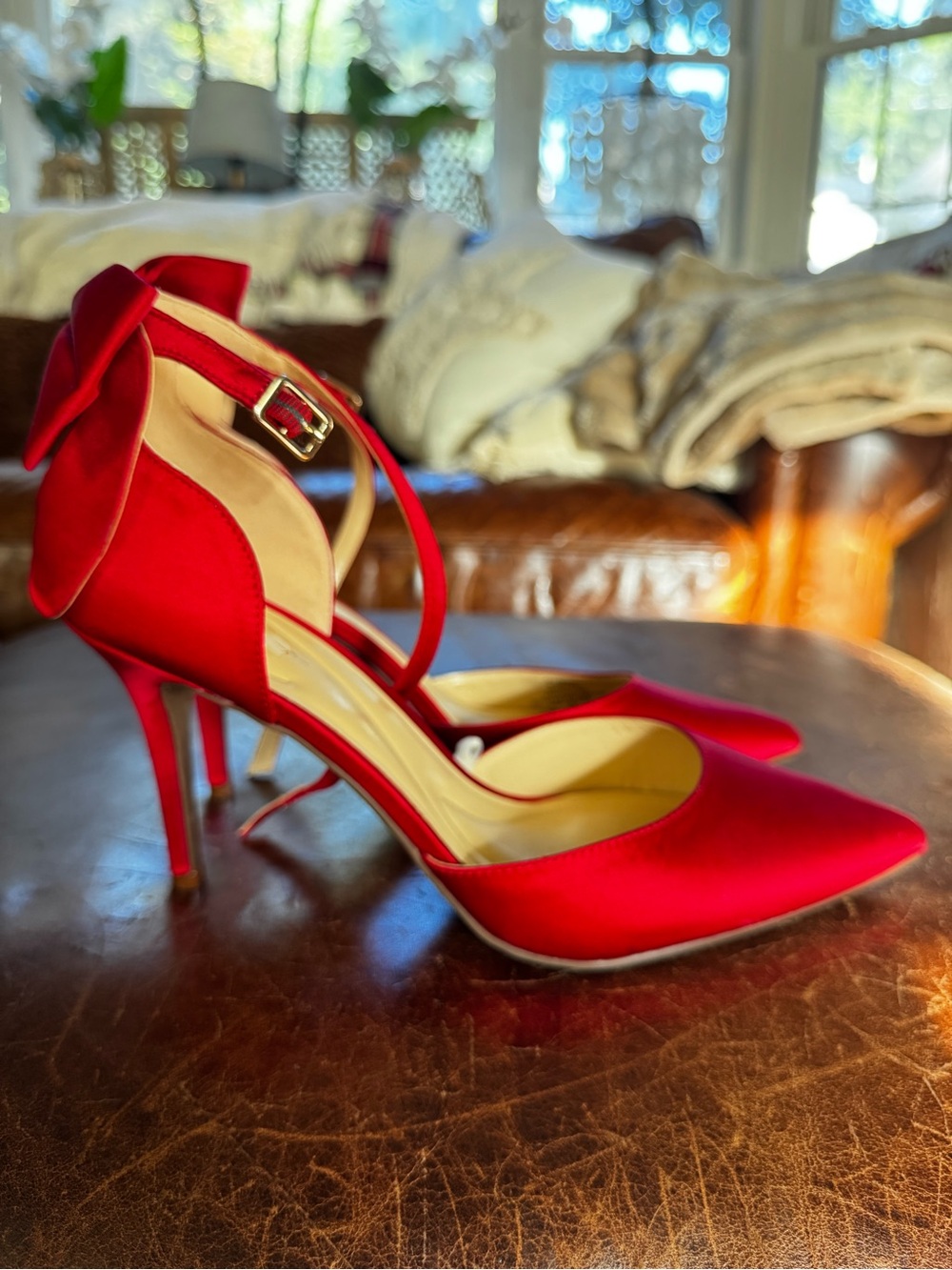 Jessica Simpson Red Satin Pointed-Toe Ankle-Strap Pumps with Heel Bow